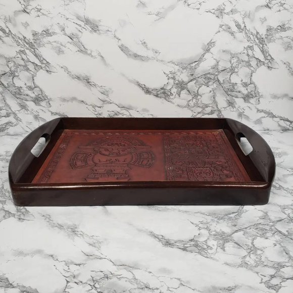 Handmade Wood Embossed Leather Mayan Serving Tray Vintage - Picture 2 of 10